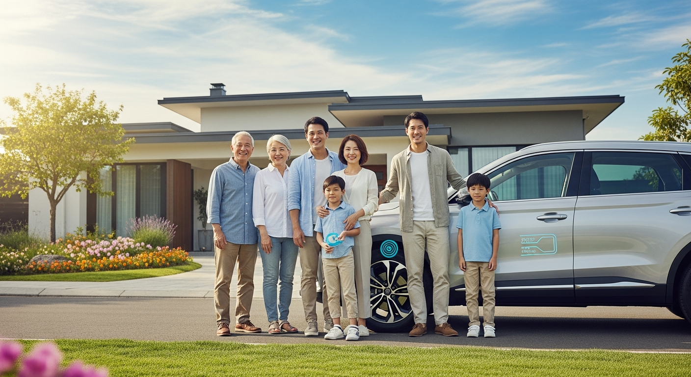 Familia feliz con su auto nuevo
